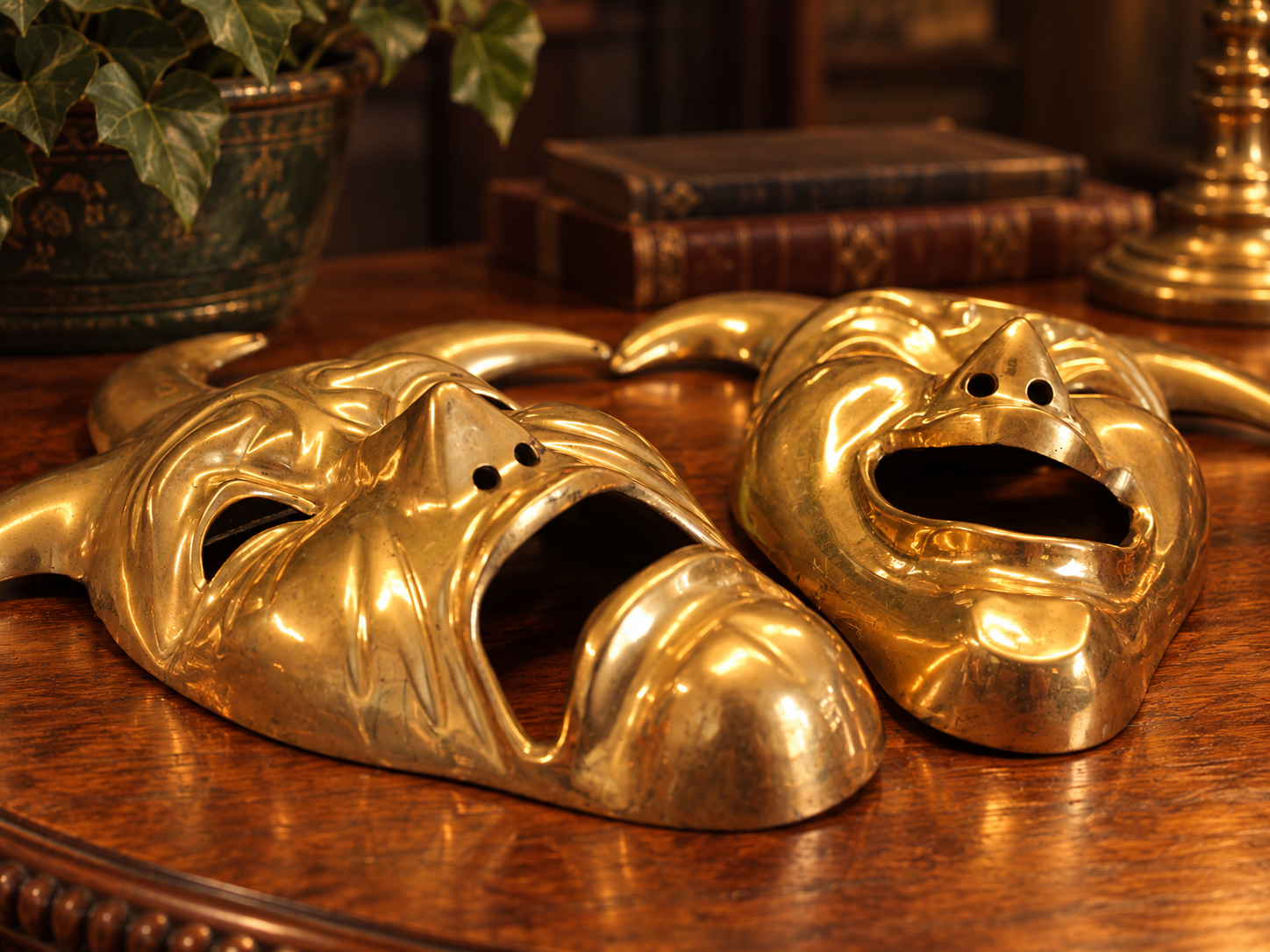 Two Roman theatrical masks made of shiny gold-colored metal, placed on a wooden surface. The masks are expressive, with one showing a joyful expression and the other a sad one. In the background, there are some books and a potted plant.