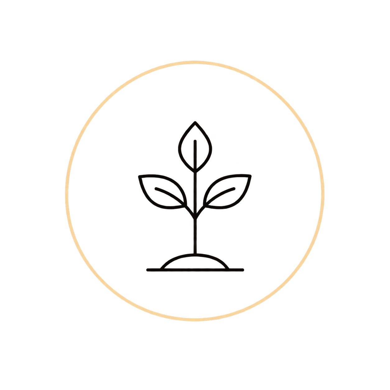 Simple black line drawing of a sprouting plant inside a circle, symbolizing growth or nature.