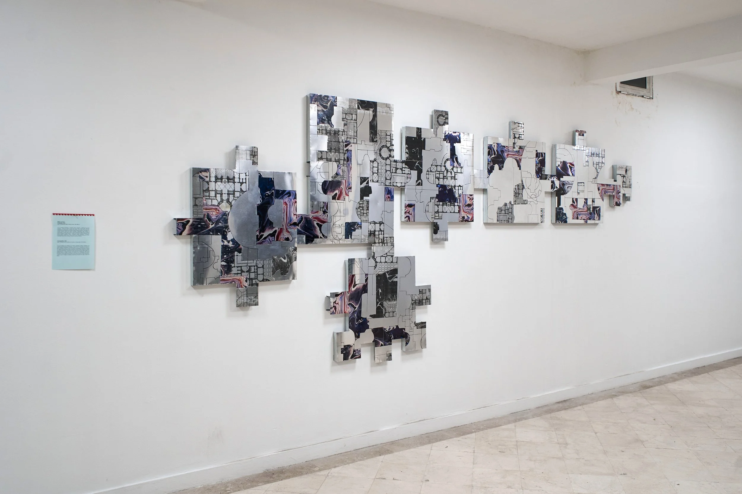 ichnographies, paper, transparency film sheets, and marker on sheet metal, 185 x 460 cm, 2025.
photo: Ana Mitrović