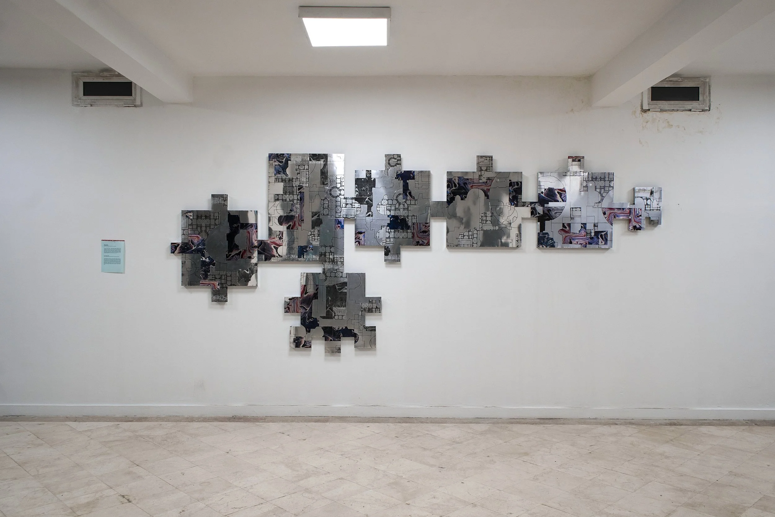 ichnographies, paper, transparency film sheets, and marker on sheet metal, 185 x 460 cm, 2025.
photo: Ana Mitrović
