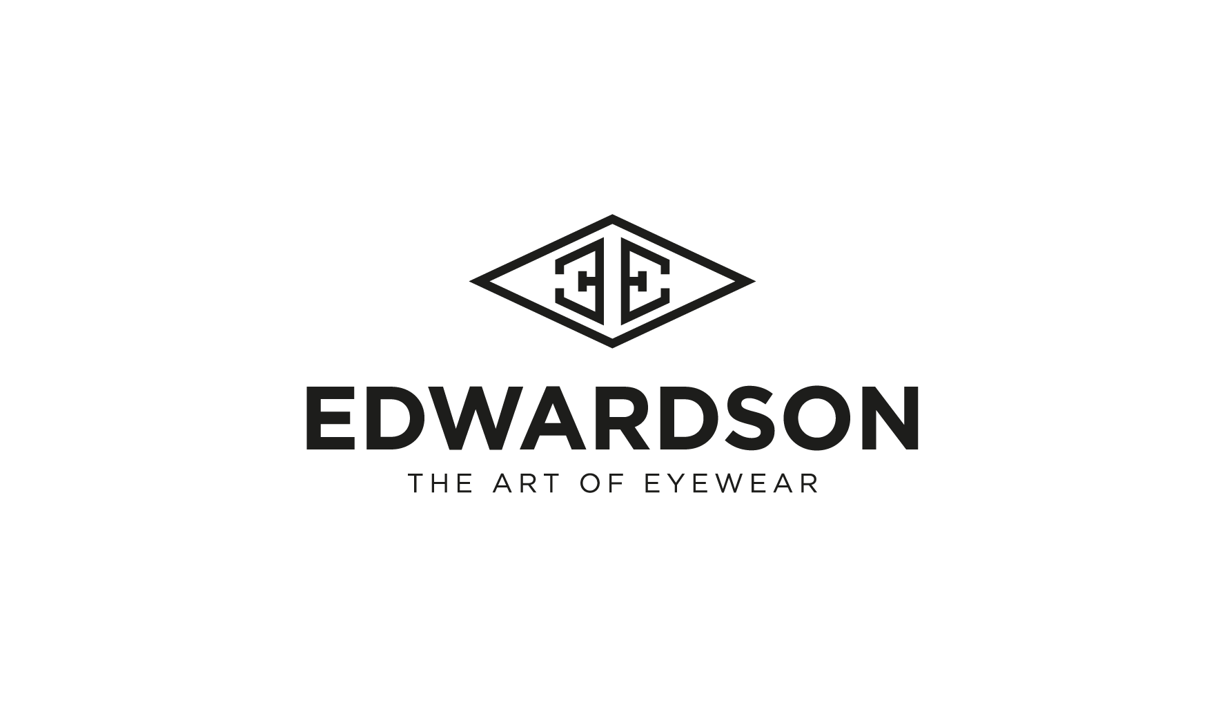 Das Bild zeigt das Logo von Edwardson mit einem stilisierten Monogramm E und D in einem keilförmigen Rahmen, darunter der Text "EDWARDSON" und die Unterzeile "THE ART OF EYEWEAR".