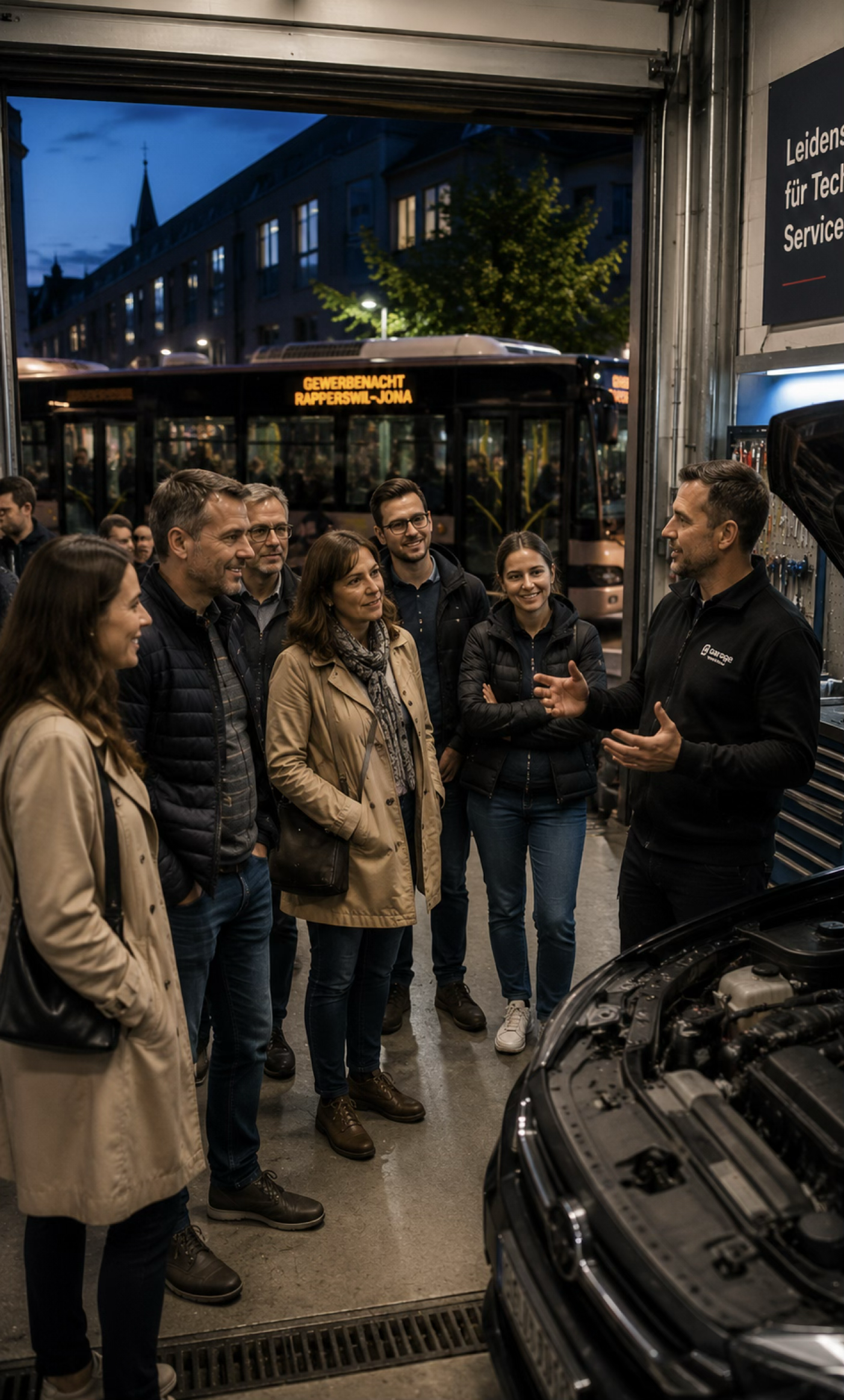 Menschen beim Auto-Workshop in einer Werkstatt, während eine Person erklärt, wie das Auto funktioniert, mit geöffnetem Motorhaube, im Hintergrund Bus und Stadtansicht bei Nacht.