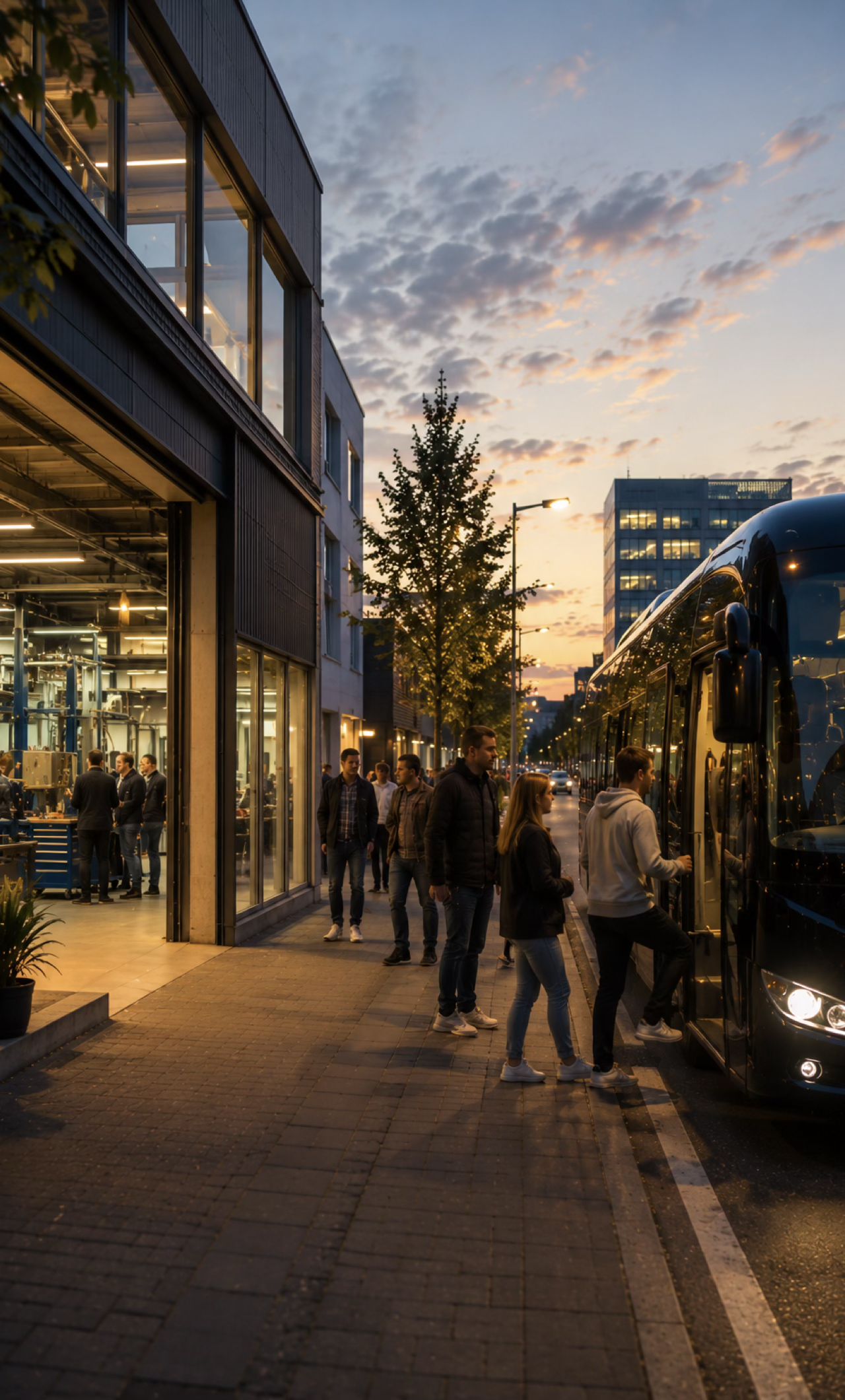 Menschen stehen vor einem schwarzen Bus auf einer Stadtstraße bei Sonnenuntergang, im Hintergrund moderne Bürogebäude und der Himmel mit Wolken.
