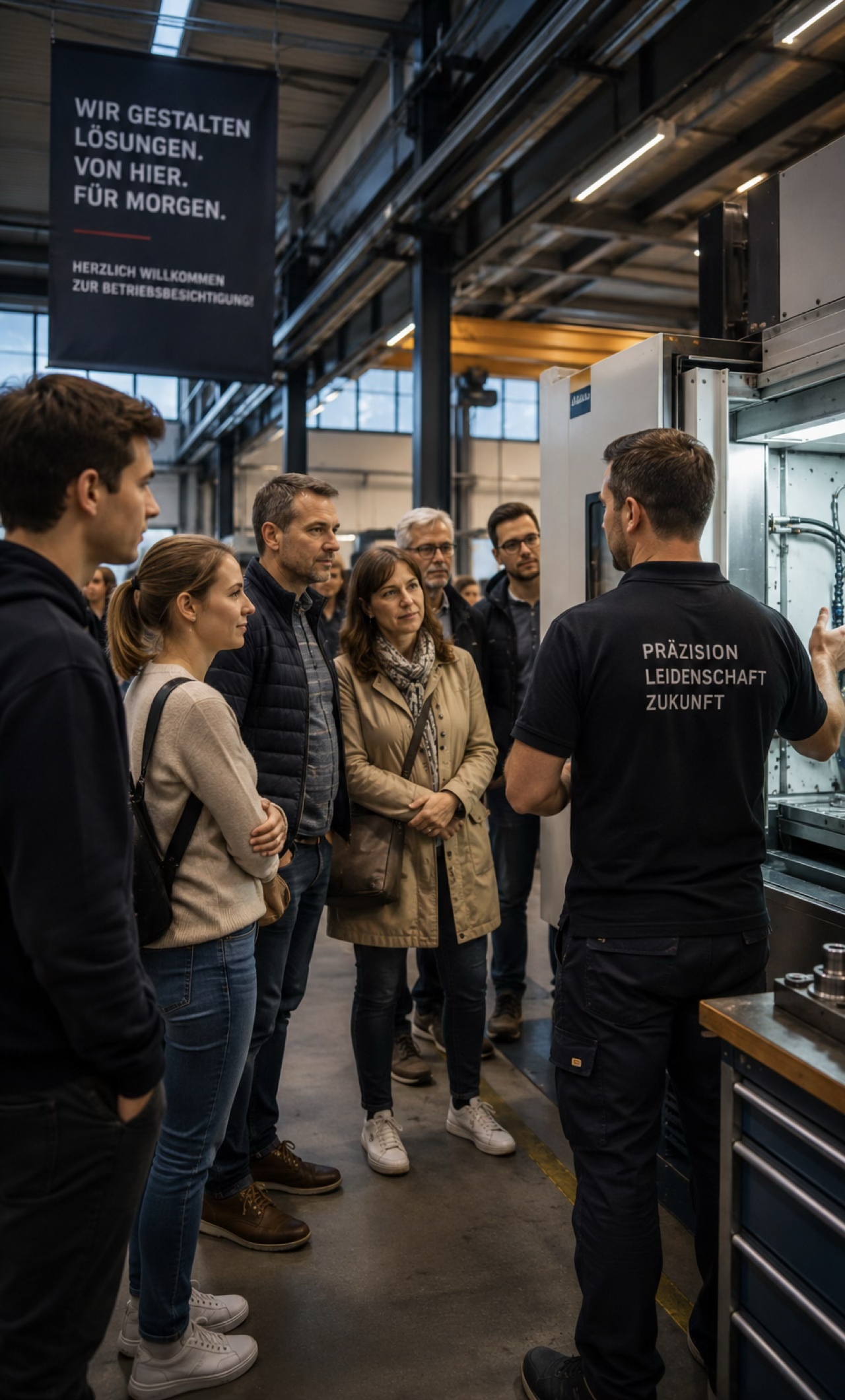 Eine Gruppe von Menschen erhält eine Führung durch eine Industriehalle von einem Mann, der technische Geräte erklärt. Im Hintergrund ein Banner mit dem deutschen Text: "Wir gestalten Lösungen. Von hier. Für morgen."