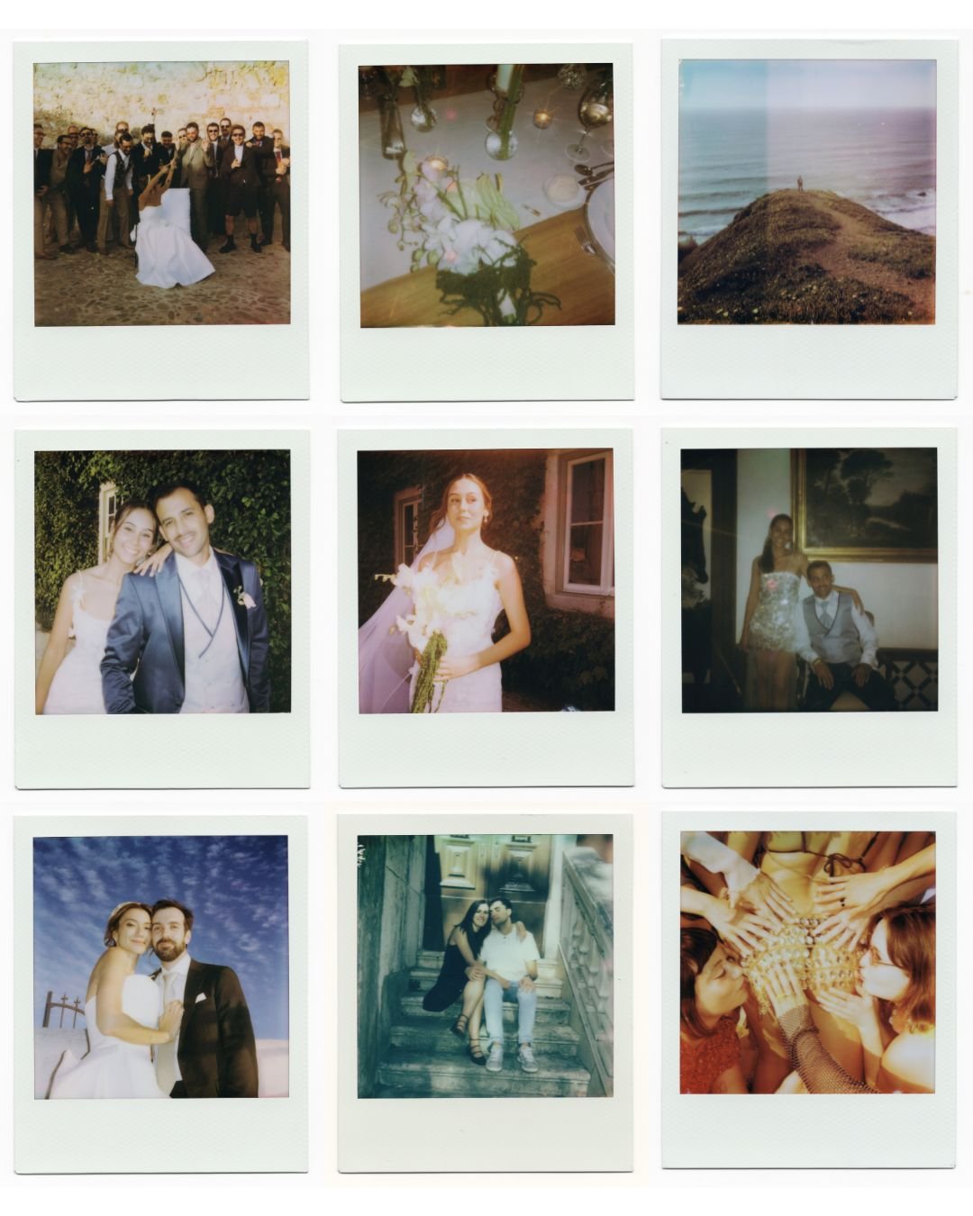 Collection of Polaroid photographs from a wedding, featuring details, ceremony, couple, guests and moments of celebration.