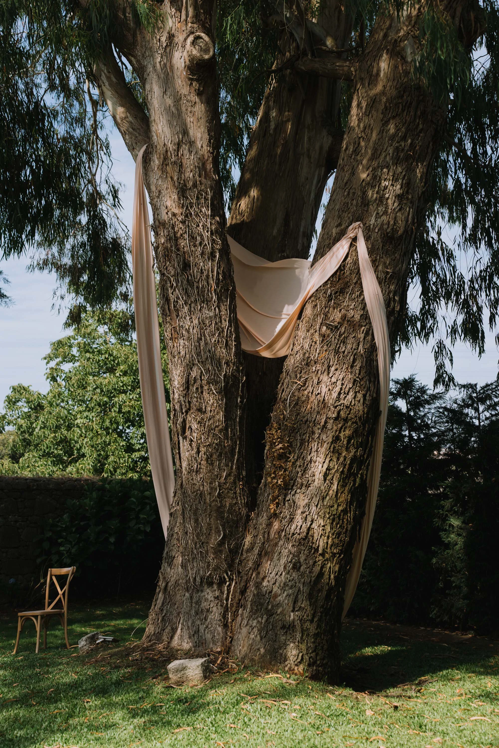 Large tree with bed linen hanging from its branches in a garden, photographed at a wedding in Portugal.