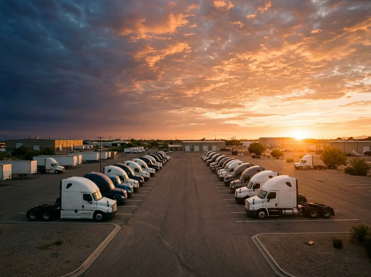 Rows of semi-trucks parked in a truck lot at sunset