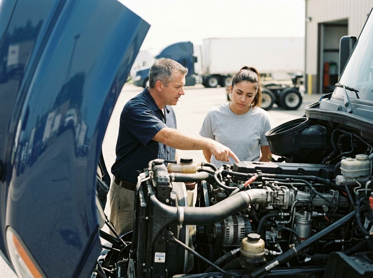 CDL instructor and student inspecting a truck engine during hands-on training