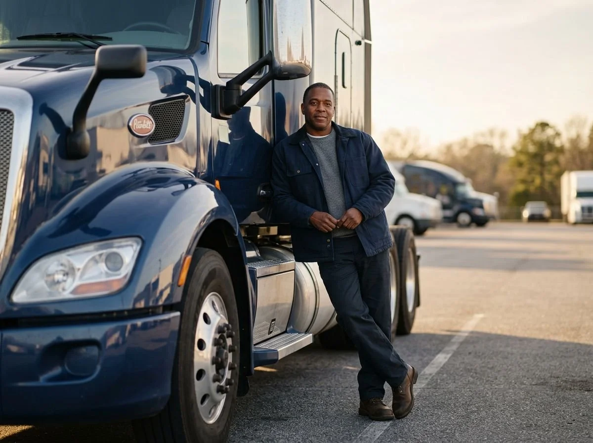 CDL graduate leaning against a blue semi-truck
