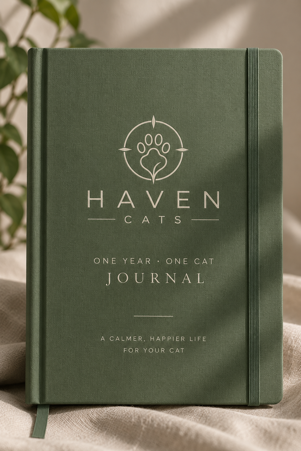 Green Haven Cats One Year. One Cat. journal mockup showing the planned cover design.