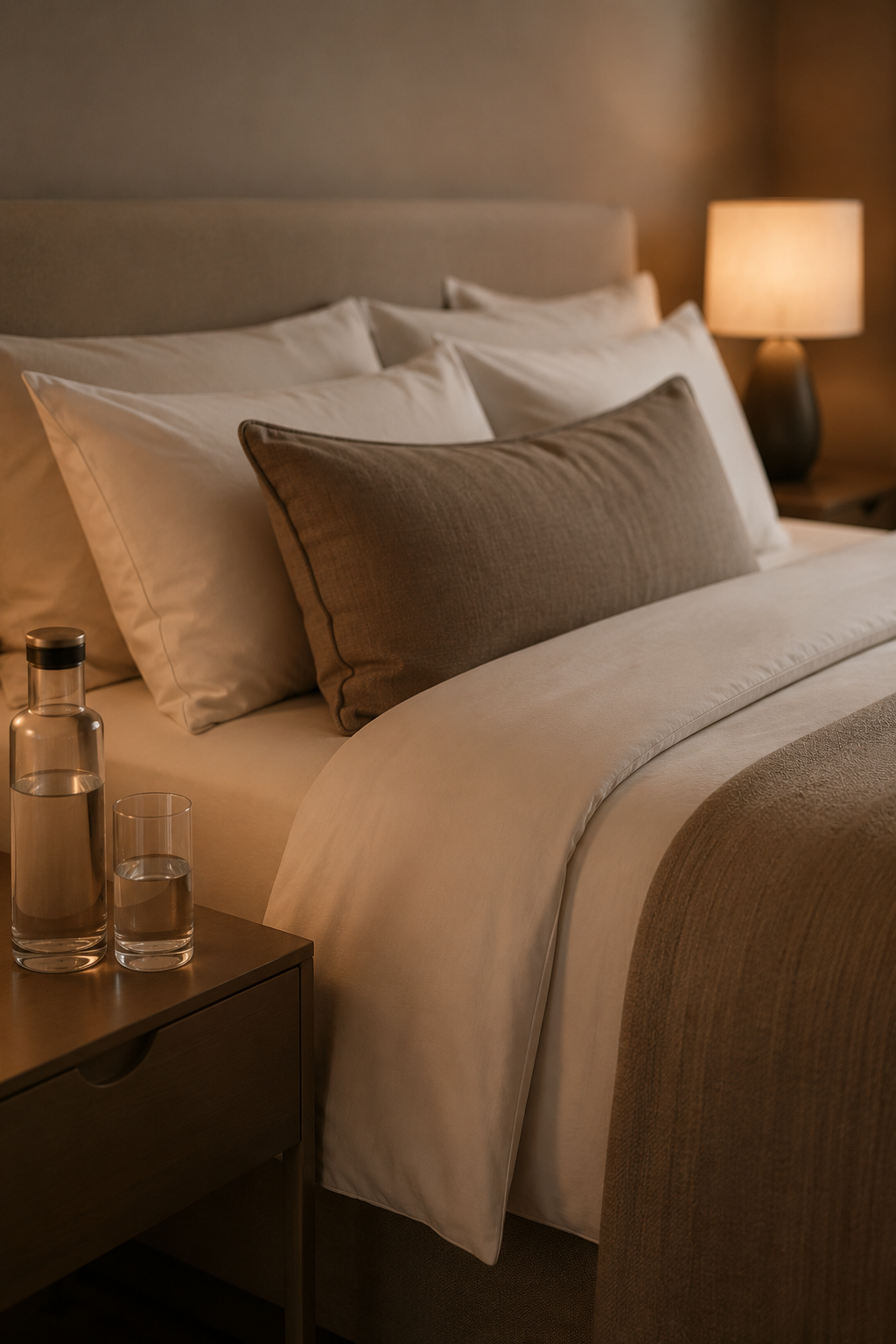 Freshly prepared bedroom with made bed and bedside water for Luxûreté Signature Homecoming.