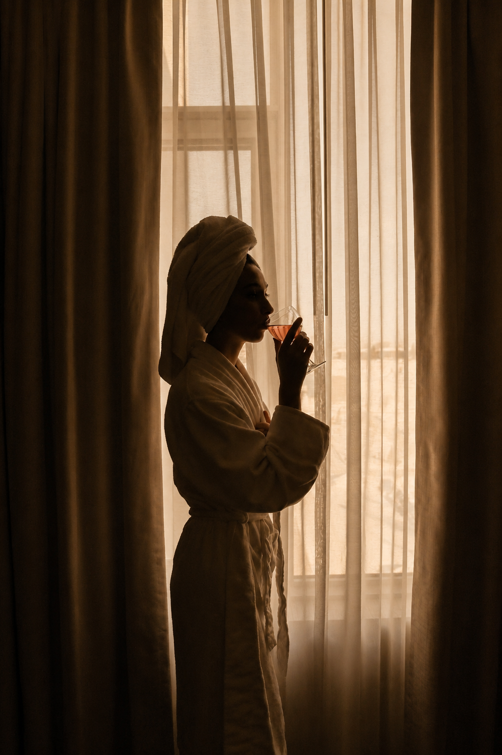Woman relaxing at home with a glass of wine during a Luxûreté Night In.