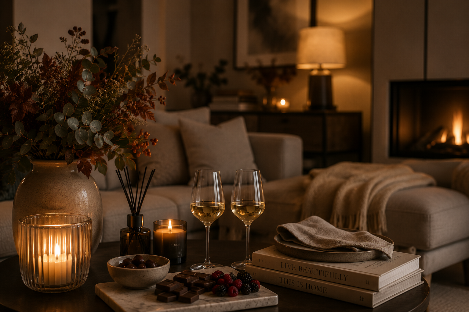 Cosy autumn living room prepared for a relaxing Luxûreté Night In at home.