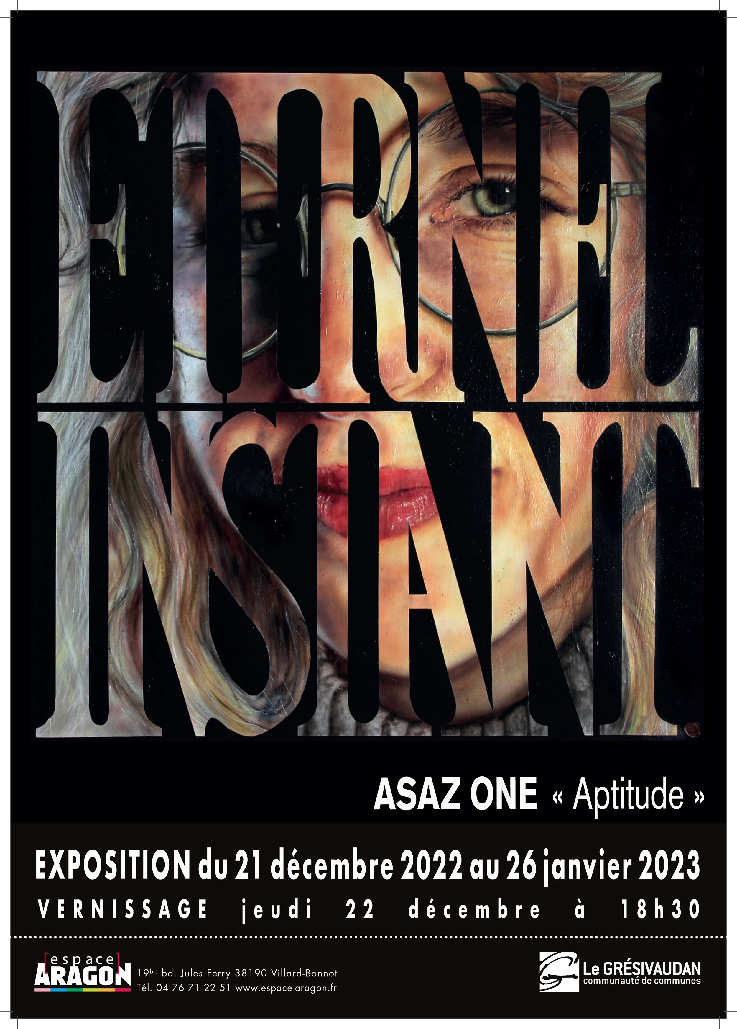 Affiche promotionnelle pour une exposition d'art avec un portrait peint d'une femme à lunettes, texte en français, détails de l'événement, lieu, date, horaire, et logos des organisateurs.