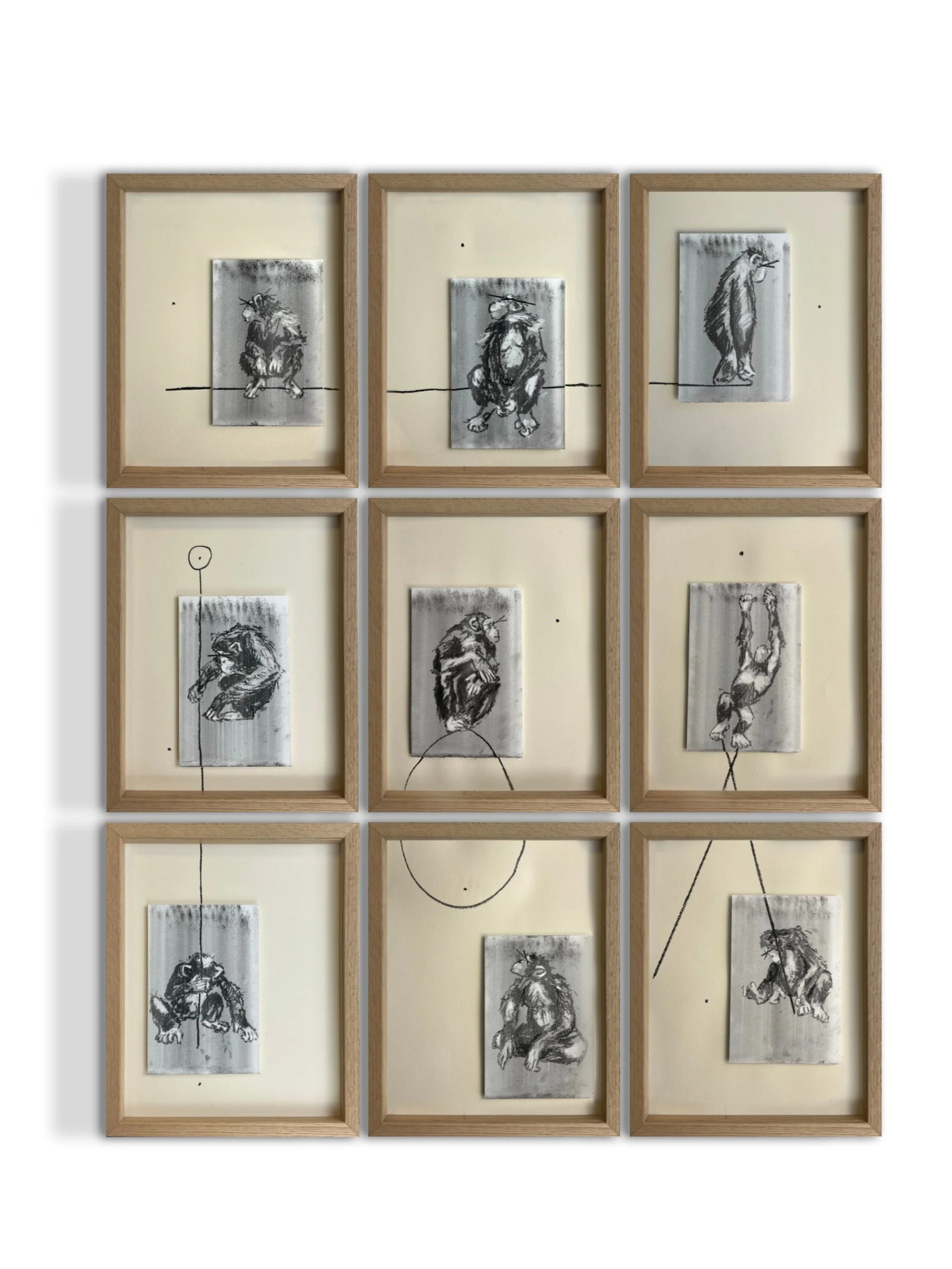 Une grille de neuf cadres en bois contenant des dessins en noir et blanc de singes dans différentes positions. Chaque dessin est placé sur un fond beige, avec des lignes dessinées pour représenter des fils ou des cordes.
