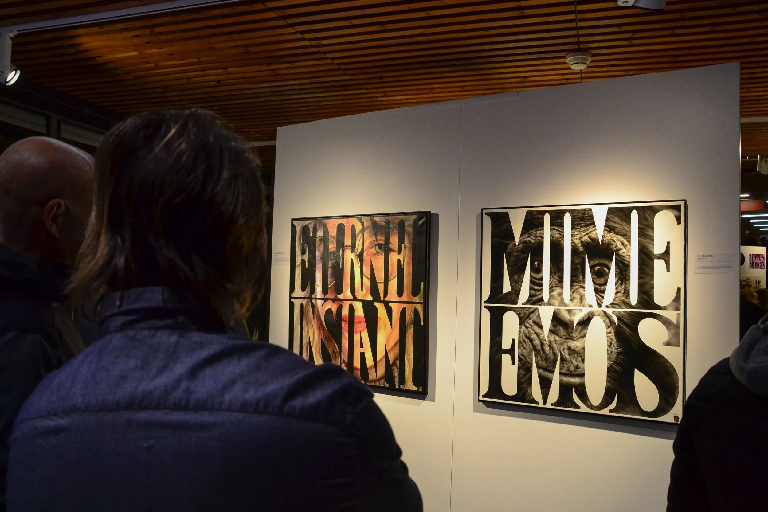 Une exposition d'art avec des affiches représentant des visages, des animaux et des textes.