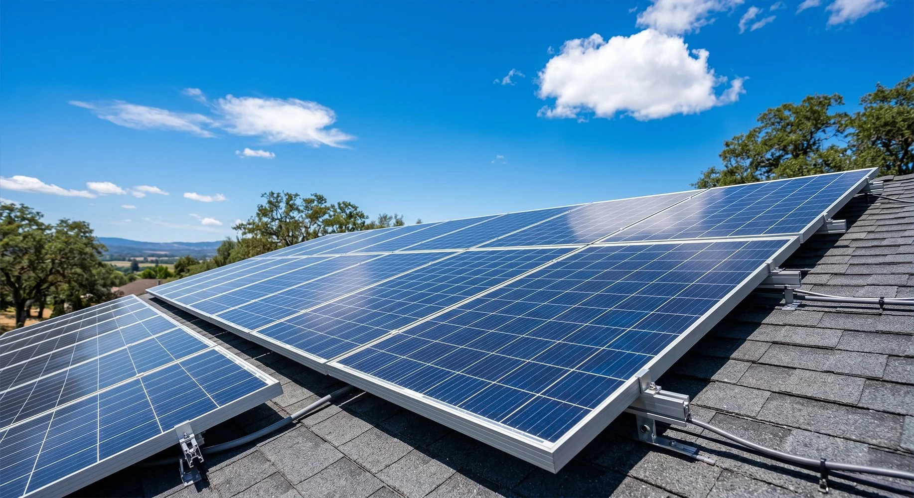Solar panels installed on a house roof under a blue sky with a few clouds, surrounded by trees and distant mountains.