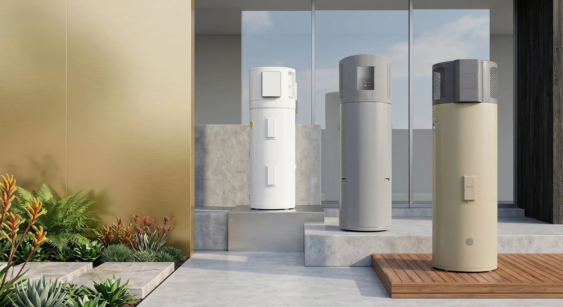Three modern air conditioning units on a balcony with glass walls, a yellow wall, and a garden with various succulents in the foreground.