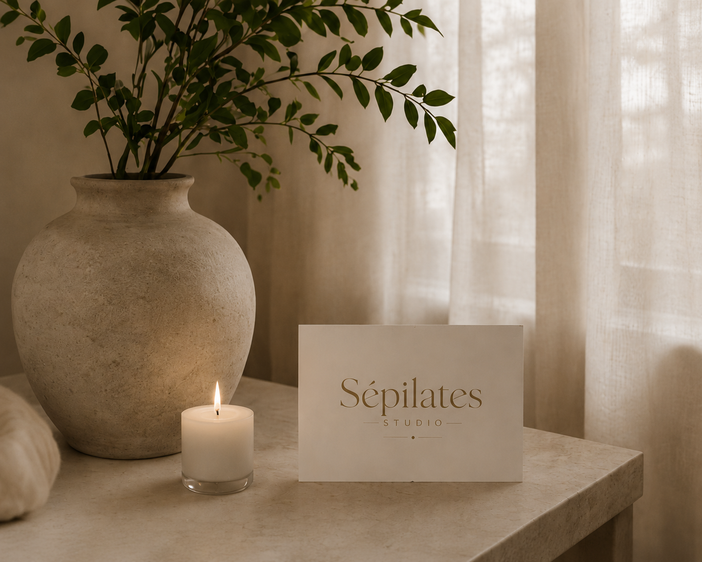 A beige textured ceramic vase with green leafy branches, a small lit white candle, and a sign that reads 'Sépilates Studio' on a beige marble surface with beige curtains in the background.