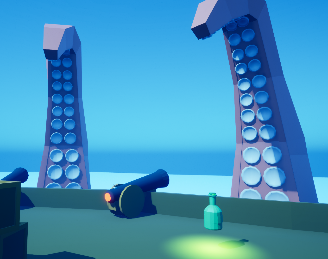 A digital illustration featuring two tall, pink, leg-like structures with multiple circular lights on their surfaces, outdoors with a clear blue sky, a telescope on a green surface, and a small green bottle next to it.