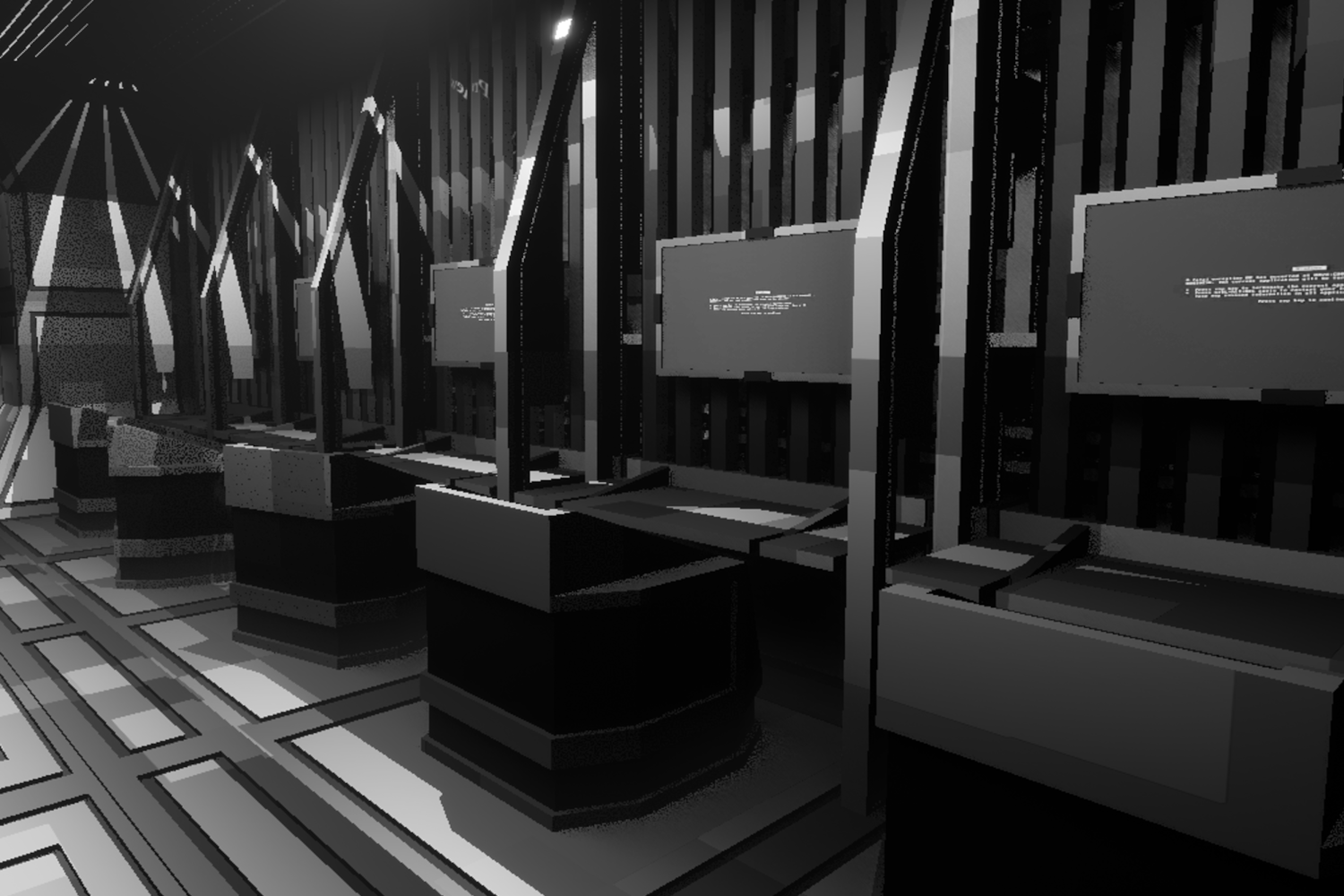 A modern, sleek lounge area with multiple flat-screen monitors mounted on a futuristic, geometric wall design. The space is dimly lit with focused lighting creating a high-tech atmosphere.