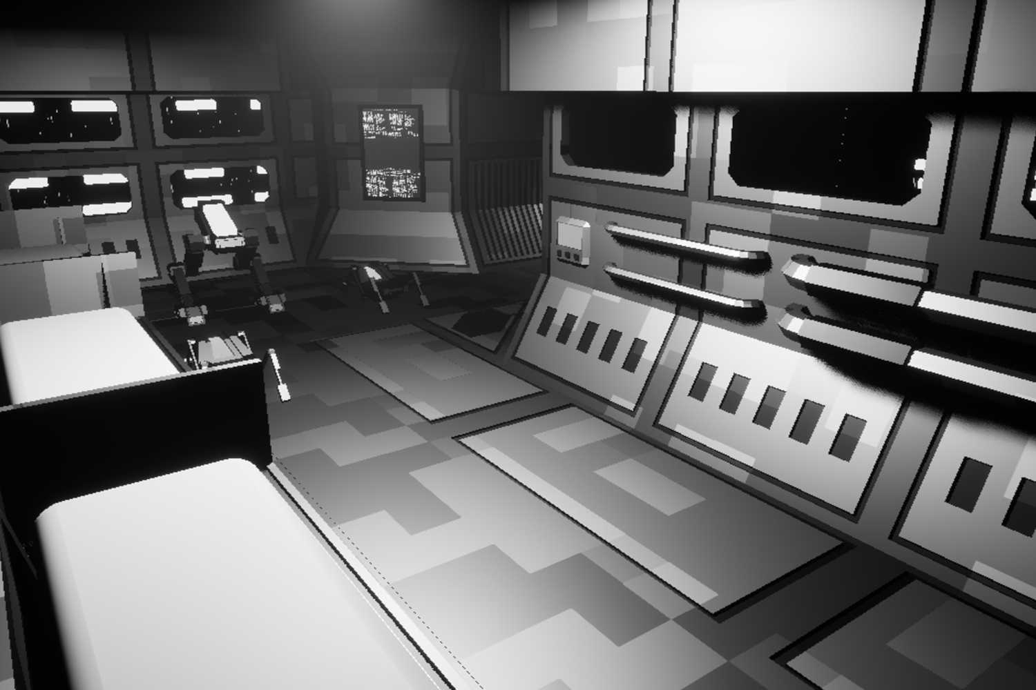 Black-and-white image of a spaceship interior with control panels, seats, and monitors.