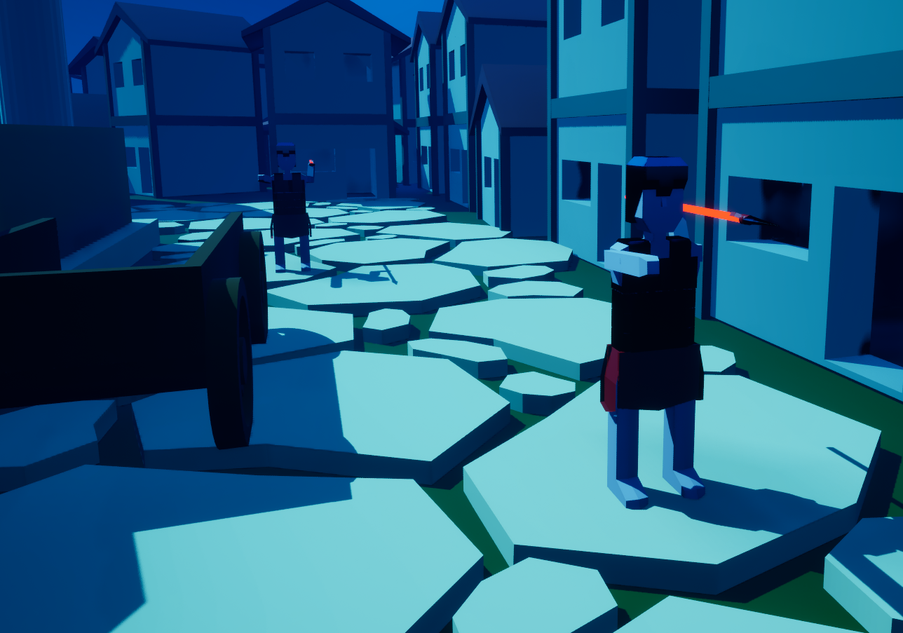 A stylized, low-poly digital scene of a narrow city street at night, featuring two figures with one wielding a laser gun. The street has large, uneven stone slabs, tall buildings on each side, and a dark, moody atmosphere.