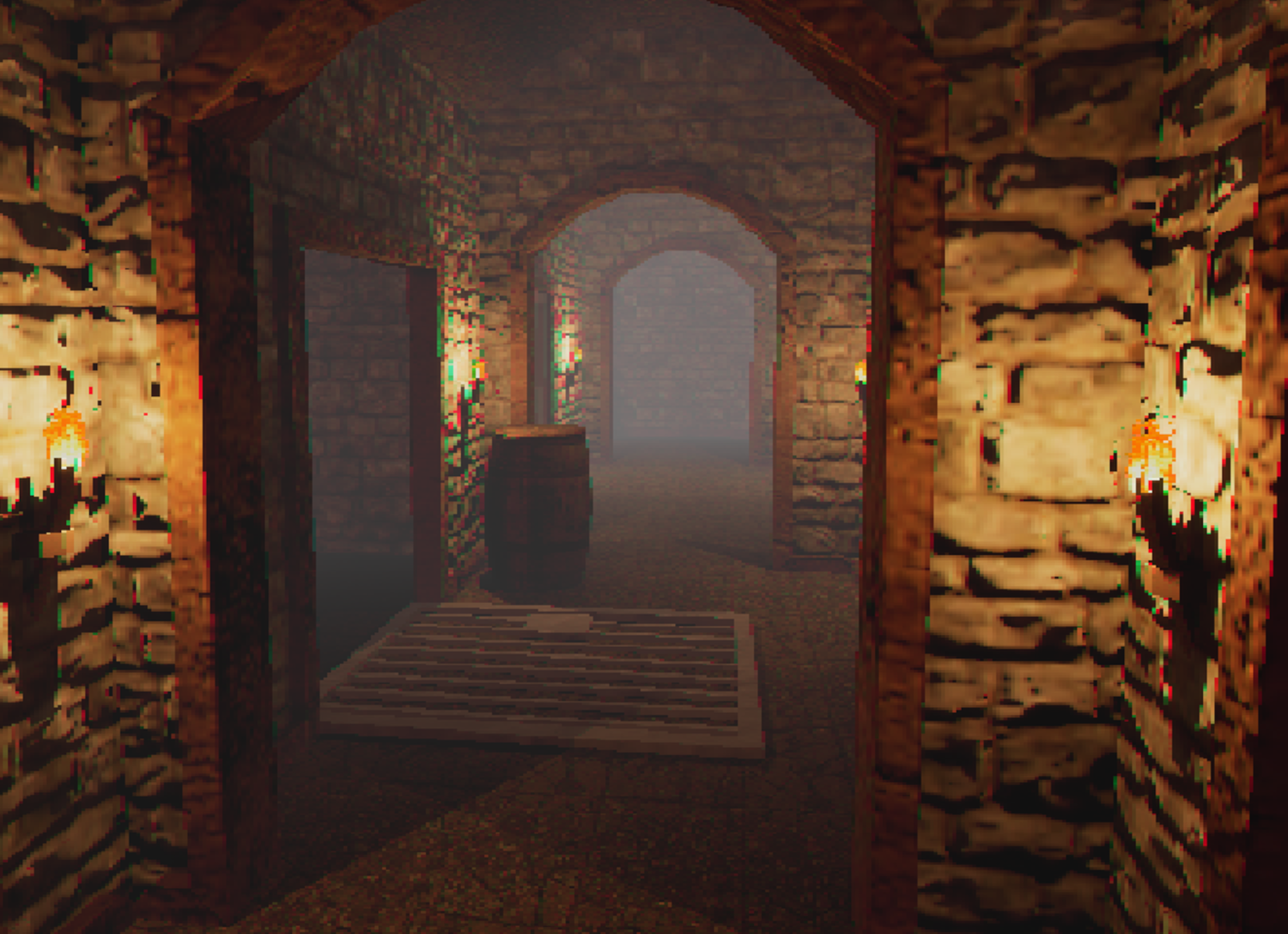 A pixelated image of a medieval-style corridor with stone walls, lit by torches, leading to an arched doorway.