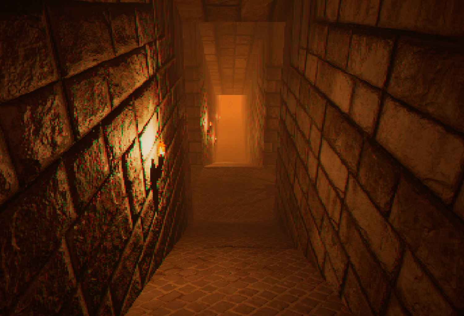 Narrow medieval-style stone corridor with warm lighting at the end.