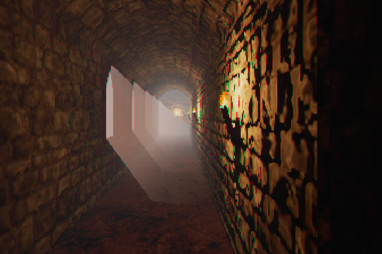 A dark brick tunnel with light at the end and a small section of a broken or missing brick wall on the right side.