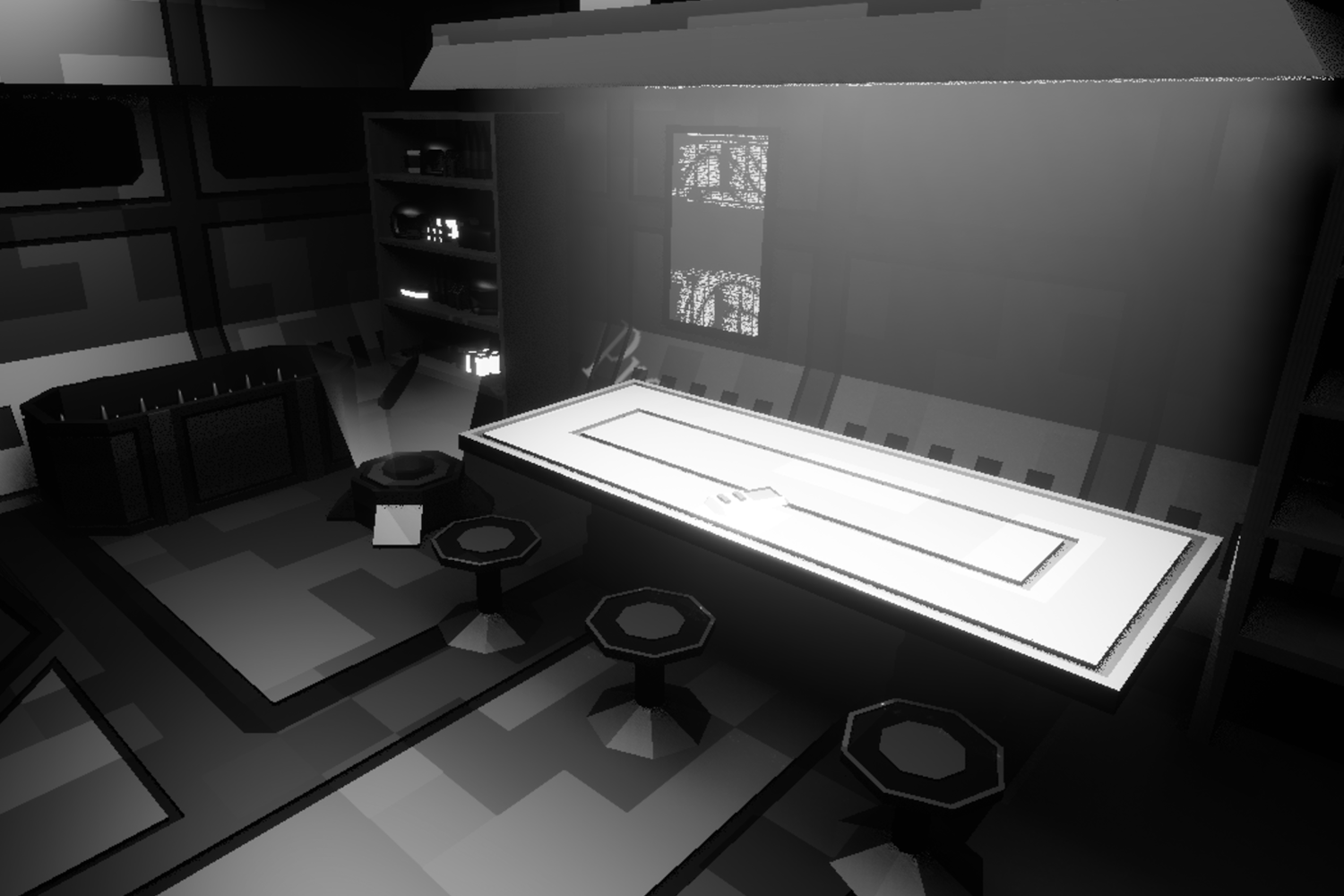 A black and white 3D-rendered digital image of a modern interior space featuring a table with a glowing surface, surrounded by three small stools, and a tall shelving unit with equipment or objects. A window in the background allows natural light to 