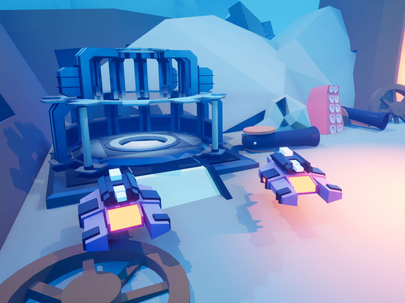 A digital illustration of a futuristic or sci-fi scene in a spaceship or space station setting. Features include various technological devices, mechanical structures, and geometric shapes with a blue and pink color palette, and a rocky or icy background.