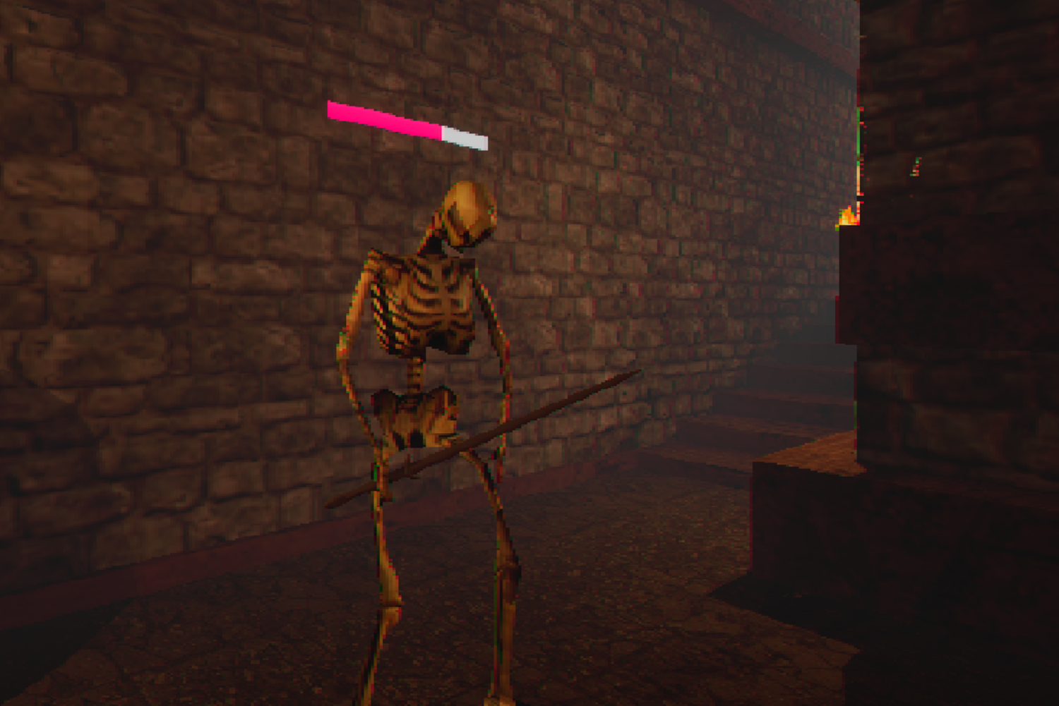 A pixelated skeleton humanoid character holding a spear, with a pink health bar above its head, in a dark brick-walled environment.