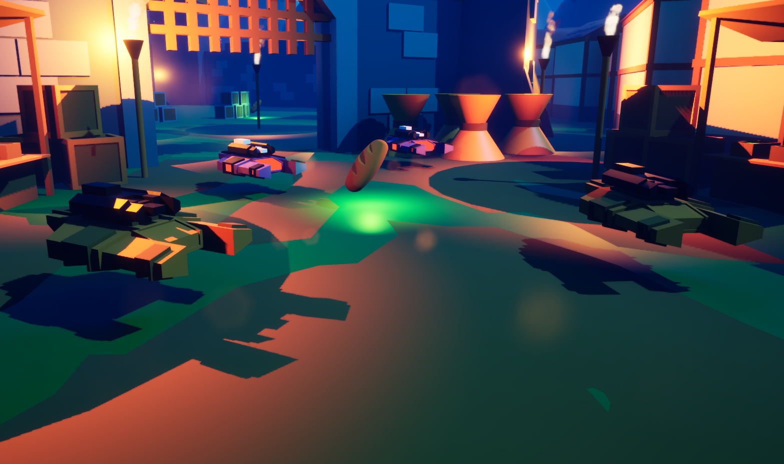 A stylized, low-poly digital scene with tanks and a missile on the ground, lit by warm, colorful lighting, with buildings, street lamps, and industrial structures in the background.