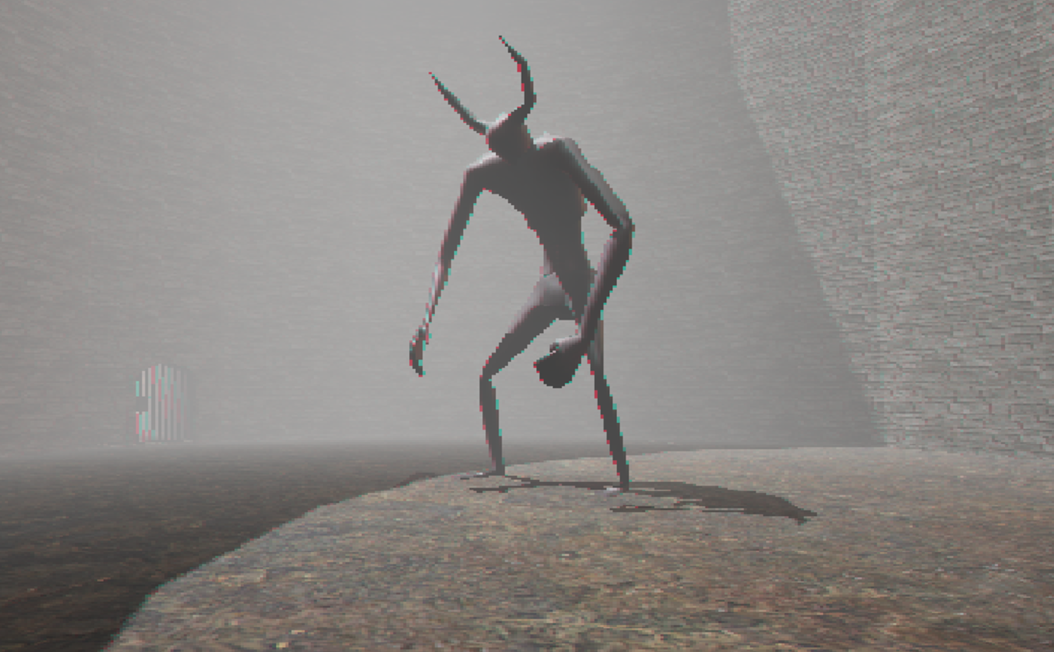 A digital rendering of a humanoid figure with elongated limbs and horns, standing on a rocky surface in front of a textured wall with a shadow cast on the ground.