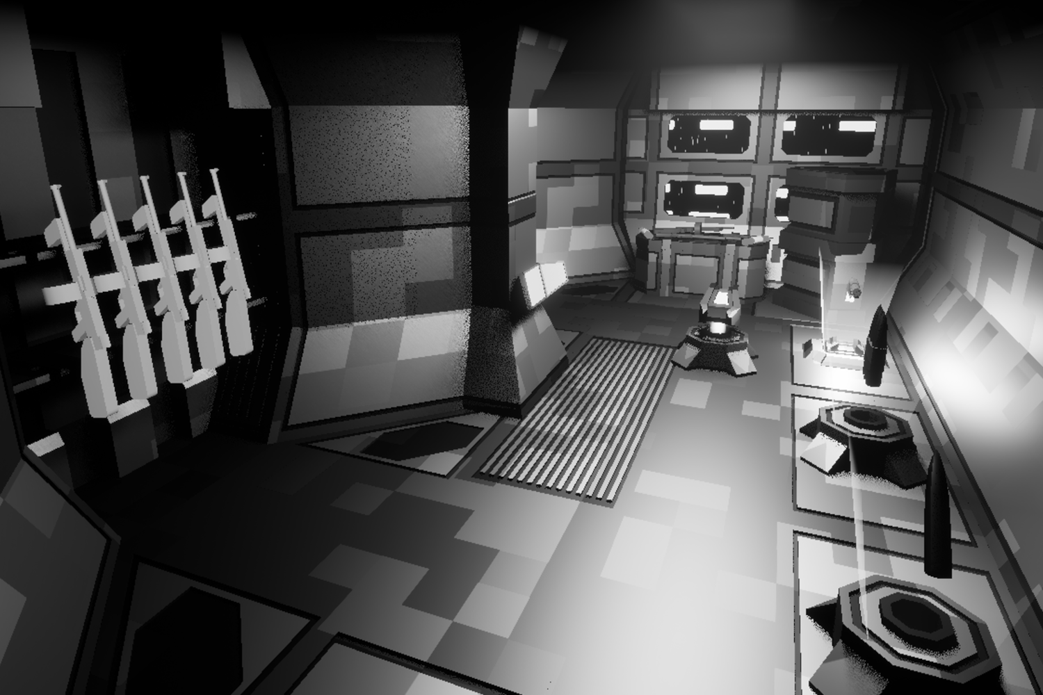 Interior of a futuristic spaceship or space station with various equipment, control panels, and barrels in grayscale.
