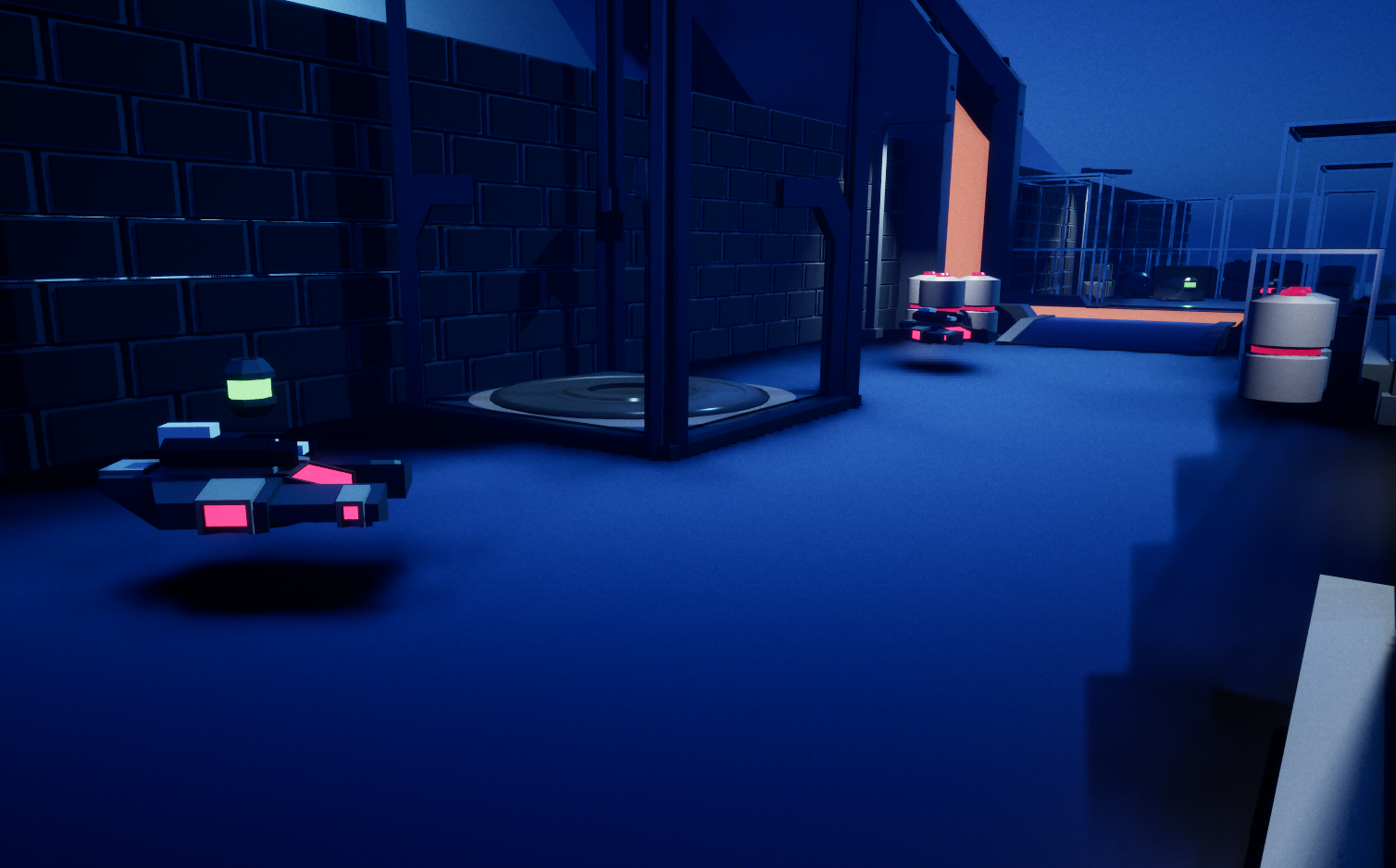 A scene from a science fiction or futuristic setting with robots, a brick wall, and equipment illuminated by blue lighting.