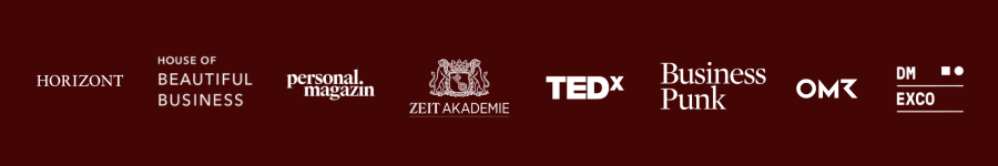 A maroon banner featuring various logos and text, including 'House of Horizontal', 'House of Beautiful Business', 'Personal Magazin', 'Zeit Akademie', 'TEDx', 'Business Punk', 'OMR', and 'DM 10 EXCO'.