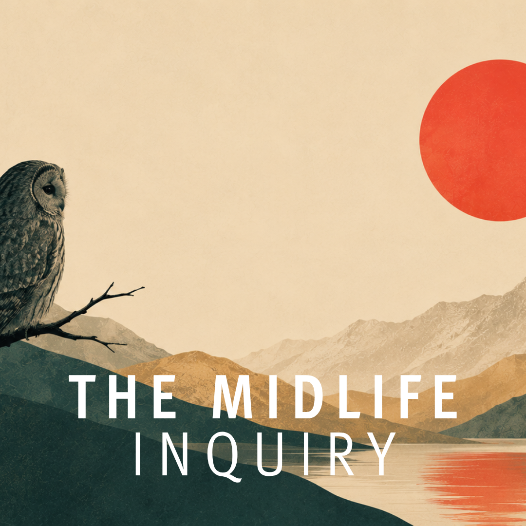 Stylized landscape with mountains, a body of water, an owl perched on a branch, and a large red sun in the sky, with the text 'The Middle Inquiry' overlaid.