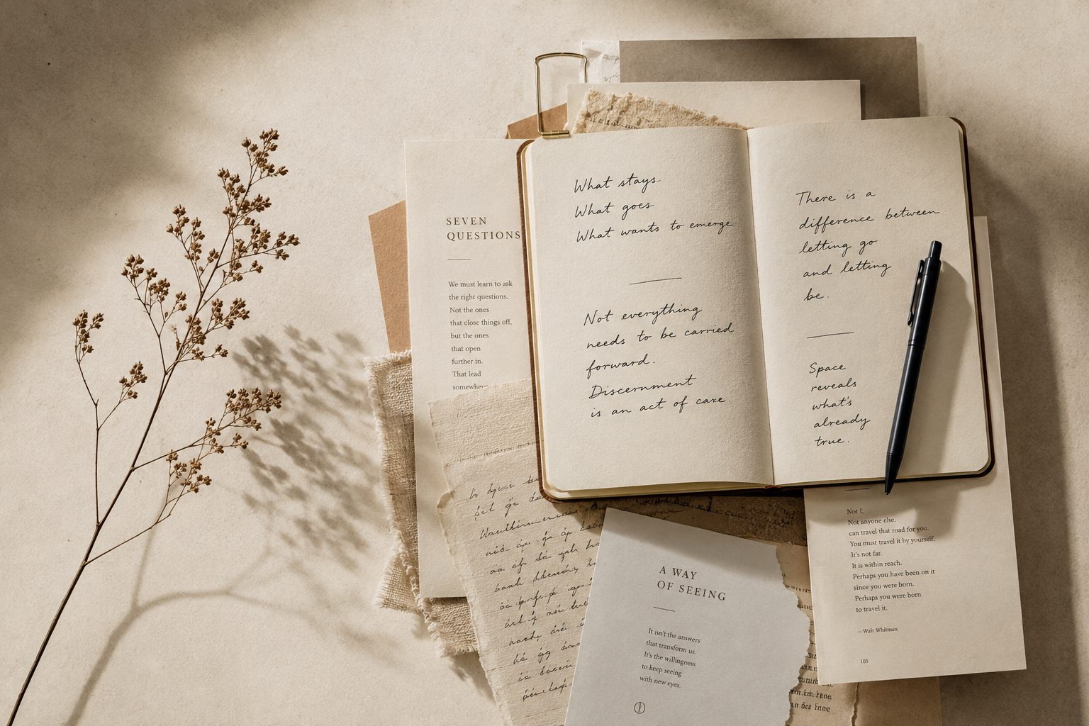 Open journal with handwritten quotes, surrounded by papers and dried plant on a beige surface.
