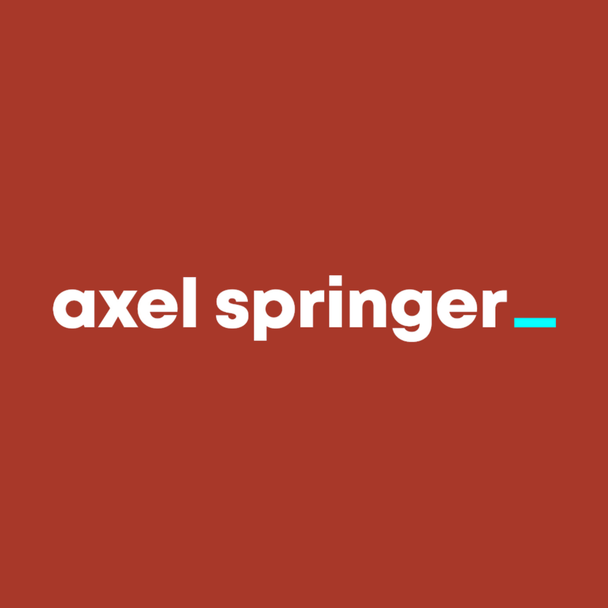 Close-up of the words "axel springer" in white text on a red background, with a small blue line in the bottom right corner.
