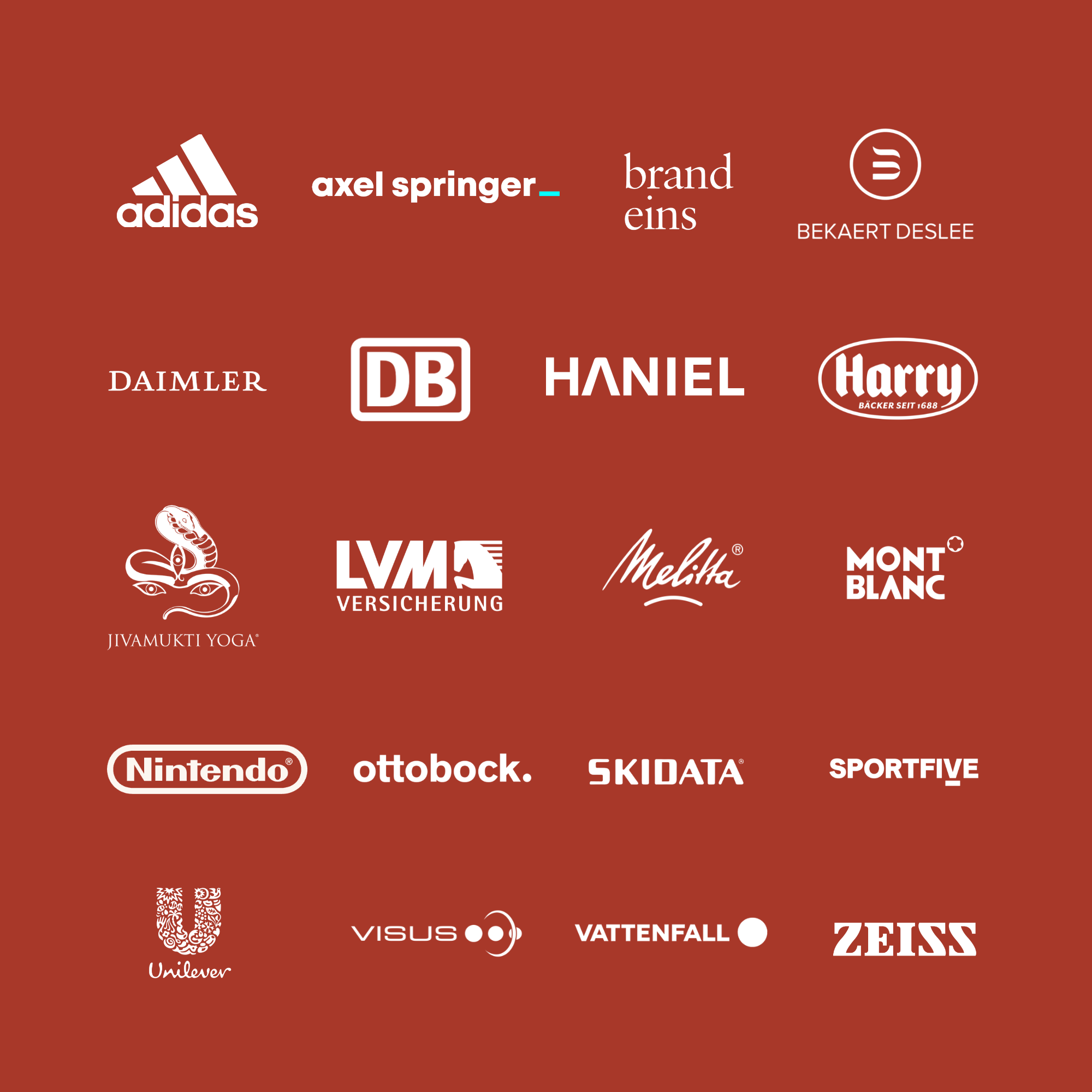 A collage of logos from various brands against a reddish-brown background. Prominent logos include Adidas, Axel Springer, Brands Eins, Bekaert Deslee, Daimler, Deutsche Bahn, Haniel, Harry, Jivamukti Yoga, Lego, Melitta, Mont Blanc, Nintendo, Ottobock, Skidata, Sportfive, Unilever, Visus, Vattenfall, and Zeiss.