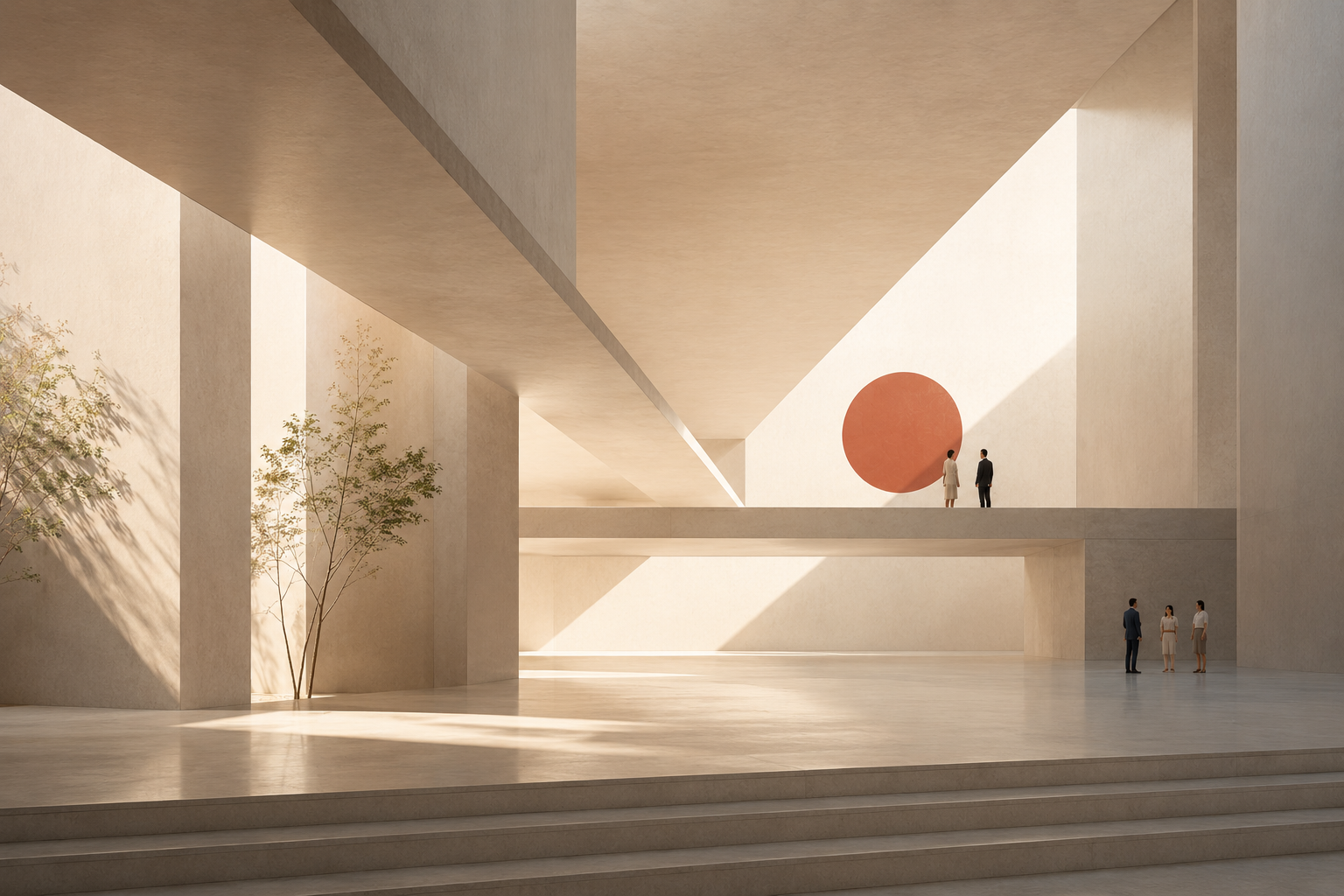 A spacious modern architectural interior with high ceilings and minimalistic design. Two groups of people, two men and two women, are standing and conversing on different levels. A large red circle artwork is on the back wall, and there are tall, slender trees casting shadows on the left side.