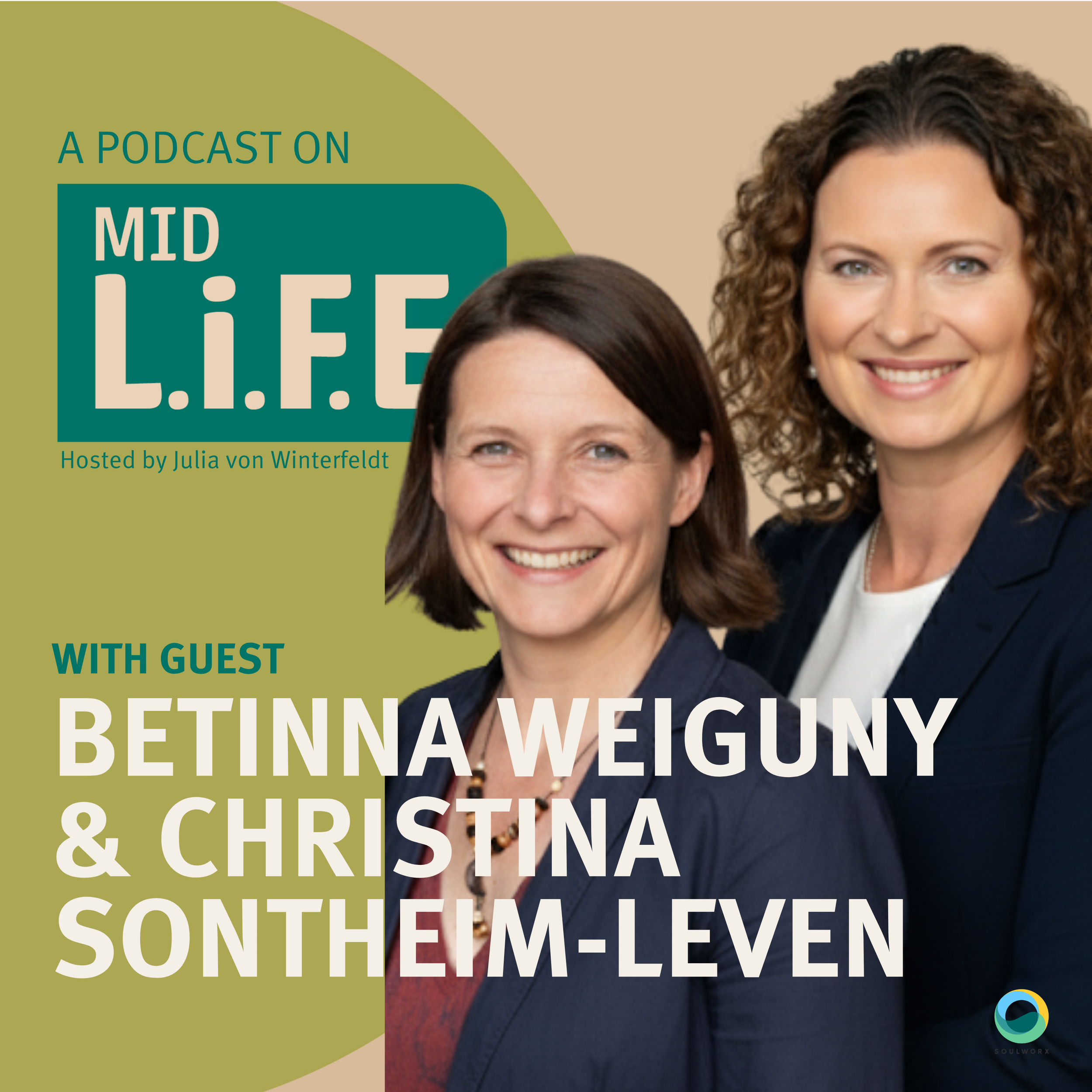 Cover art for a podcast titled 'A Podcast on Midlife, Becoming a WEGU, & Christmas & Confetti.' featuring pictures of two women with smiling faces, one with curly hair and the other with straight, dark hair, against a background with green and beige sections.