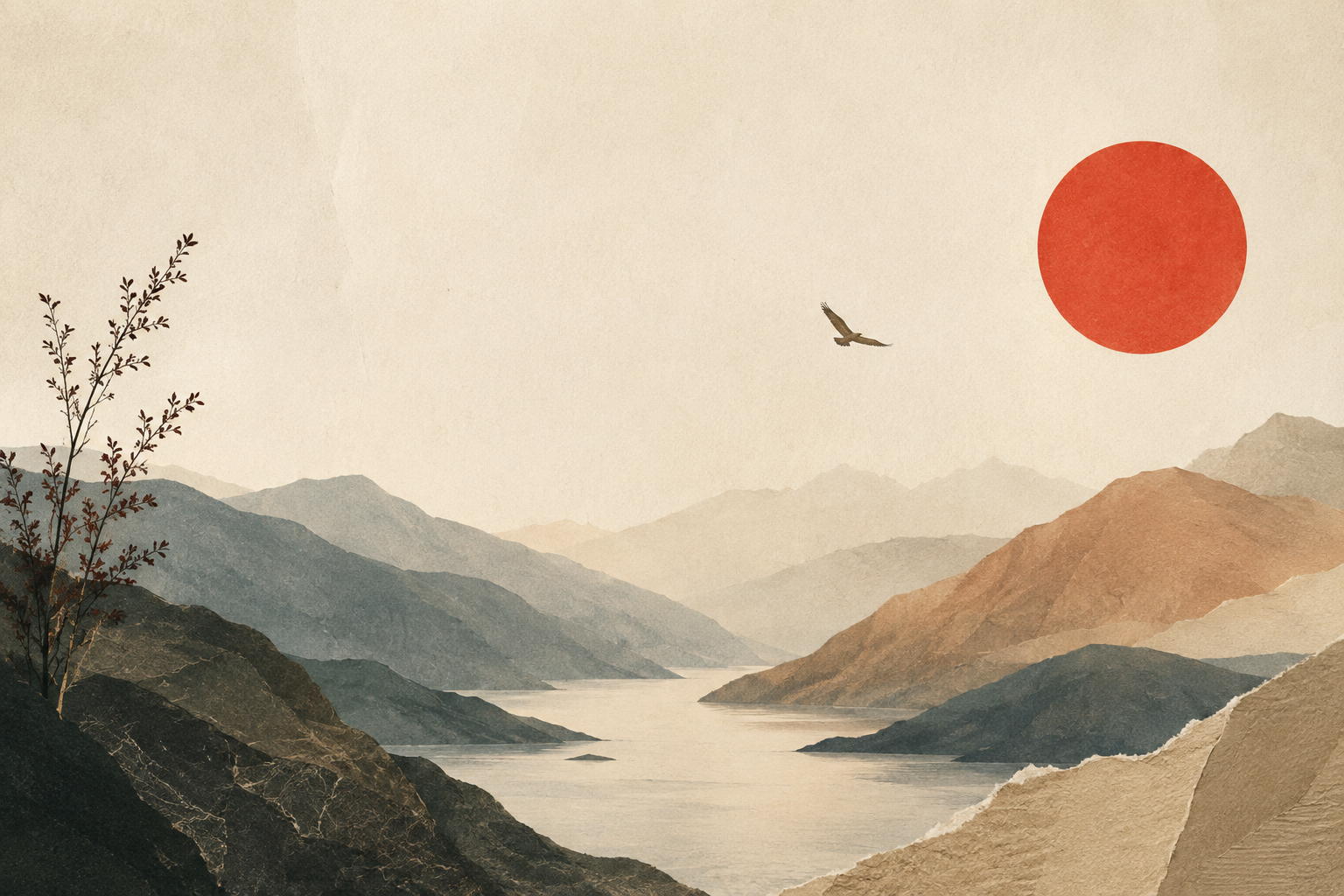 A stylized landscape with mountains, a river, a tree on the left, a bird flying in the sky, and a large red sun in the upper right corner.