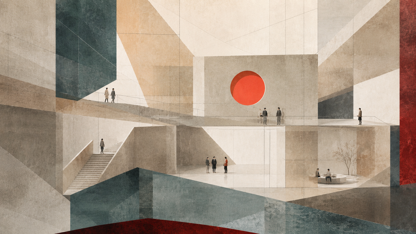 Architectural rendering of an abstract modern building interior with multiple levels, stairs, and people walking or sitting, featuring a large circular red window on a beige wall.