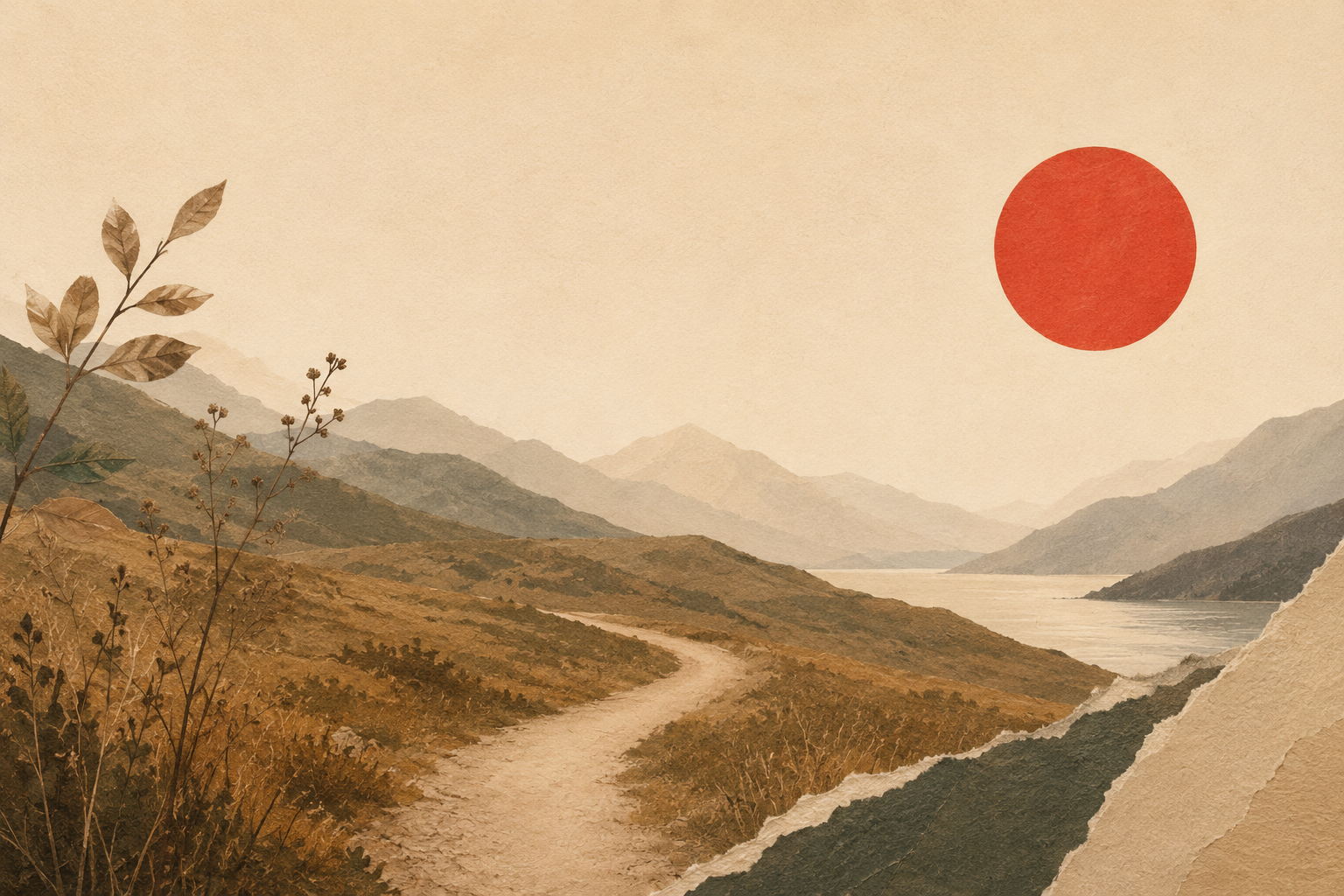 An illustrated landscape of a winding dirt path through grassy hills, with a river in the distance, mountains in the background, a large red sun in the sky, and leaves in the foreground.