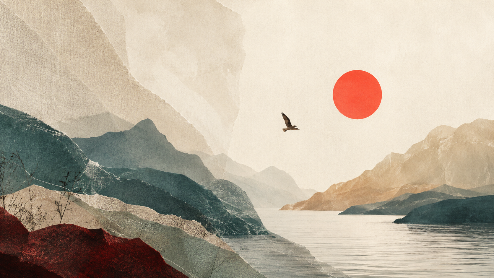 Mountain landscape with layered textures, a body of water, a red sun, and a bird flying in the sky.