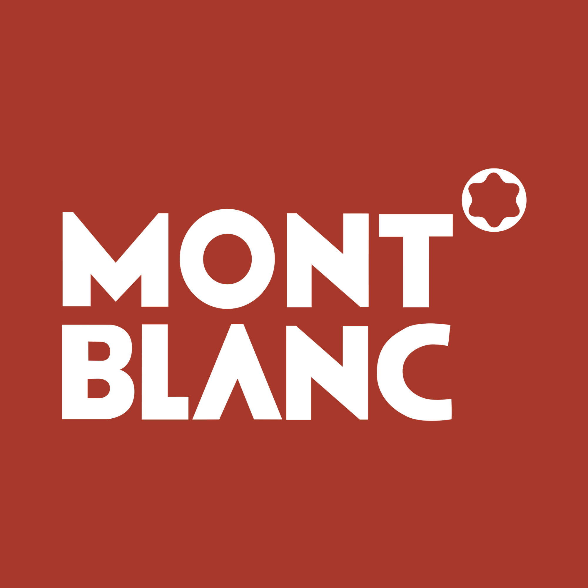Close-up of a red sign with white text that says 'MONT BLANC' and a small white star symbol.
