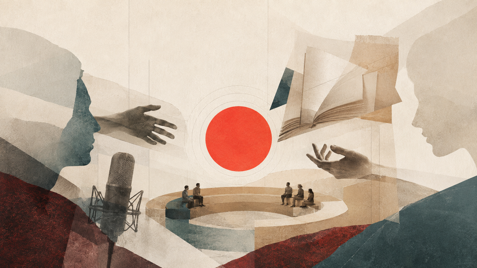 Abstract illustration of two large faces facing each other, with outstretched hands and a large open book and a red circle between them, with five people sitting on a stage below.